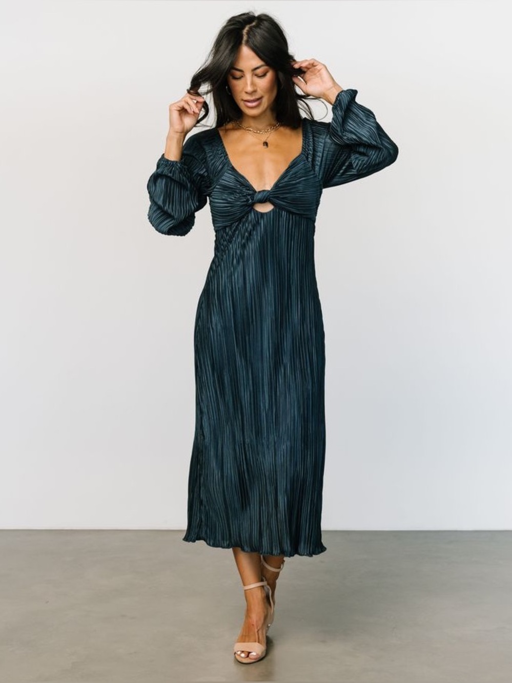 Baltic Born Dark Green Long-Sleeve Pleated Midi Dress with Front Knot